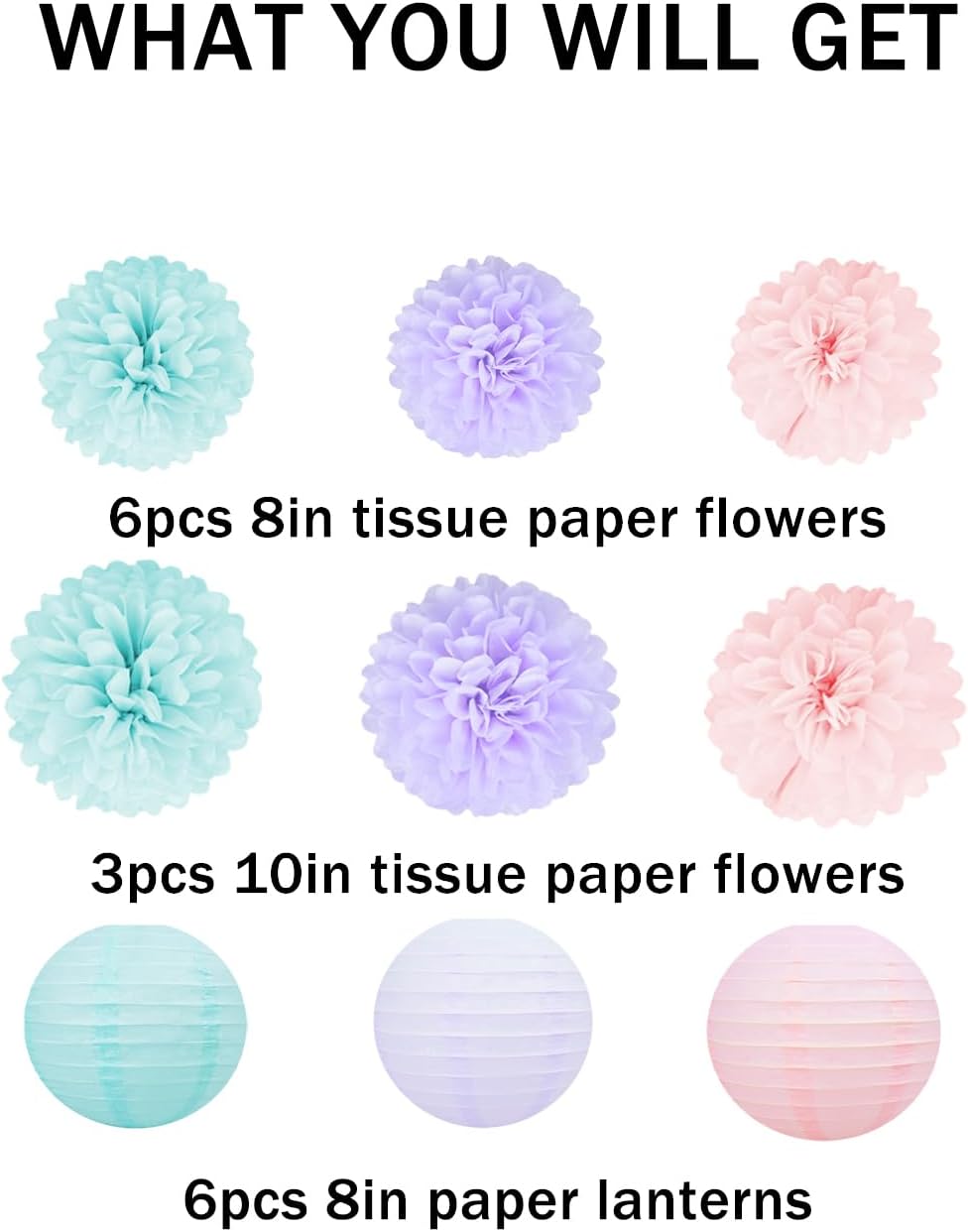 Blue Pink Purple Party Decorations - 15Pcs Tissue Pom Poms Paper Flowers Paper Lanterns Mermaid Birthday Party Baby Shower Lavender Wedding Hanging Decor