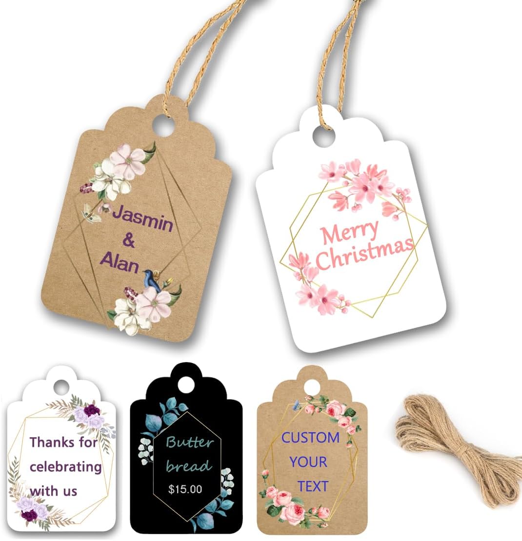 Custom Gift Tags with String, Personalized Tags for Favors, Customized Gifts Wrapping Labels, Wedding Items Birthday Party Favors Crafts Tag (Rectangle Shape)