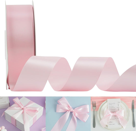 HUIHUANG Baby Pink Ribbon Satin 1-1/2" Wide Double Face Polyester Satin Ribbons for Crafts, Thick Silk Ribbon for Gift Wrapping Hair Bows Floral Bouquet Cake Box Baby Shower Decor Party-50 Yards