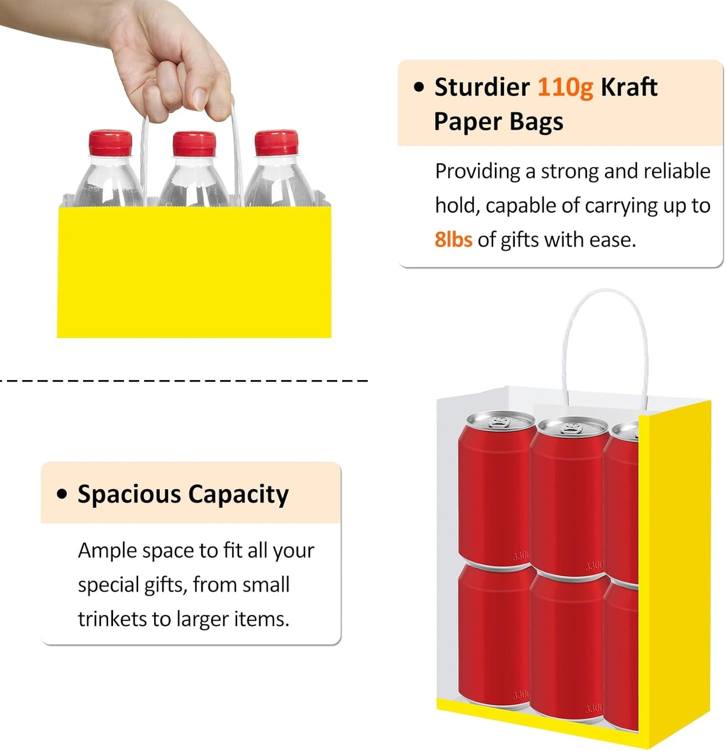 BagDream 8x4.25x10.5 Inch 100Pcs Yellow Gift Bags Medium, Kraft Paper Bags with Handles Bulk for Welcome Party Favors, Baby Shower, Goody, Treat, Retail, Grocery Paper Sacks