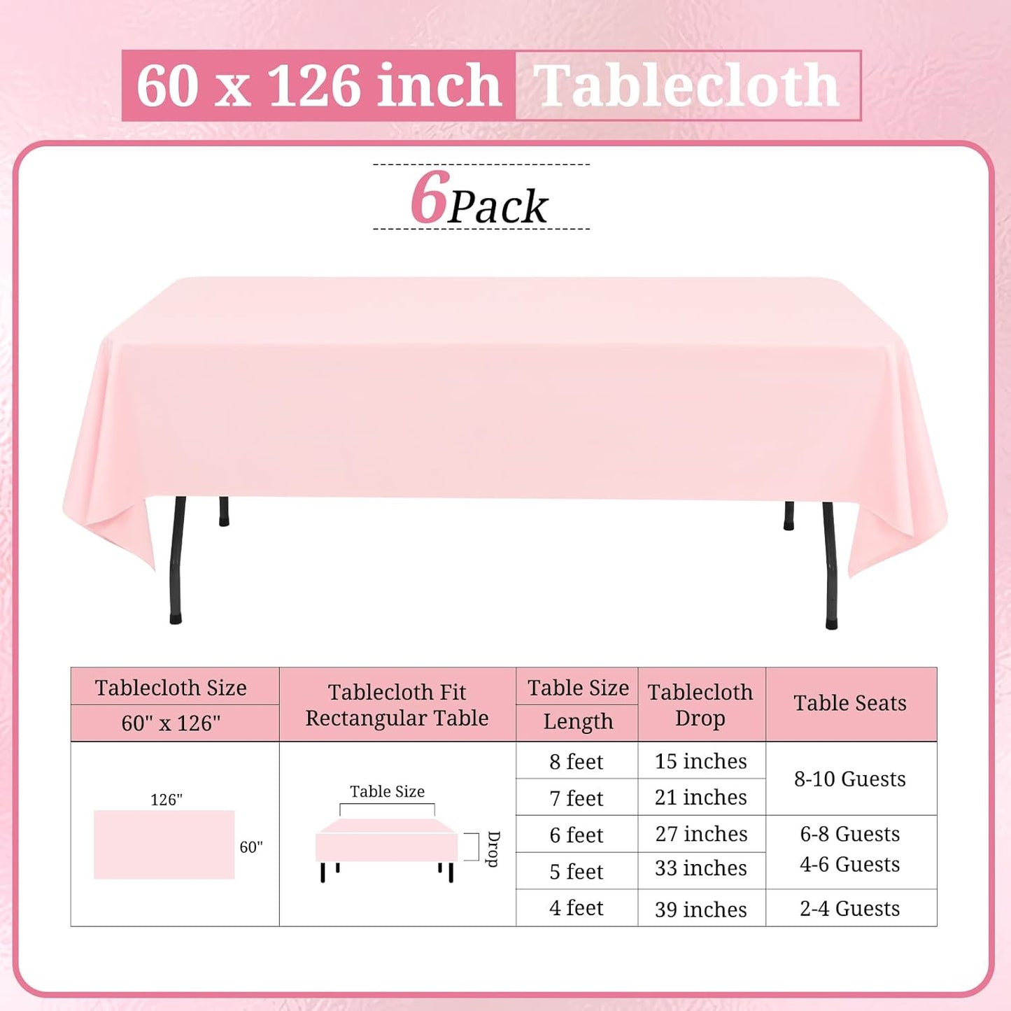6 Pack Pink Tablecloths for 8ft Rectangle Tables 60 x 126 Inch - Polyester Table Cover Stain and Wrinkle Resistant Washable Fabric Table Clothes for Wedding Party Banquet Reception Restaurant