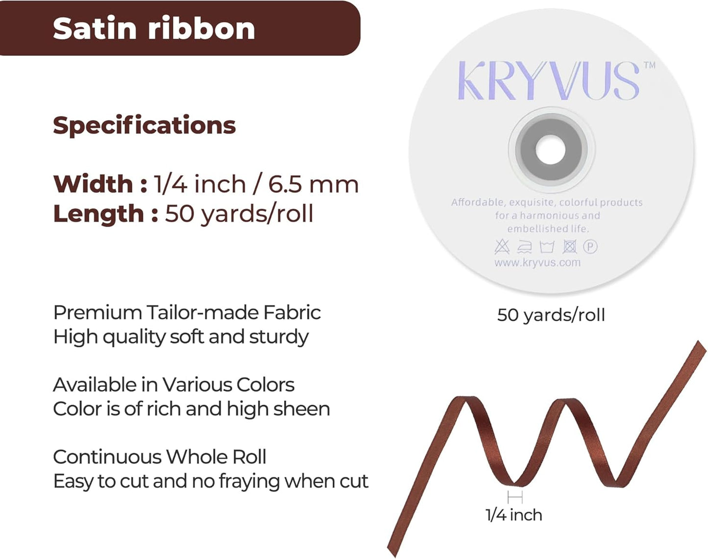 Coffee Brown Satin Ribbon 1/4 inch X Continuous 50 Yards, Single Face Polyester Ribbon Perfect for Gift Wrapping, Flower Bouquet, Wedding Decor, Crafts, Bow Making, Sewing and More