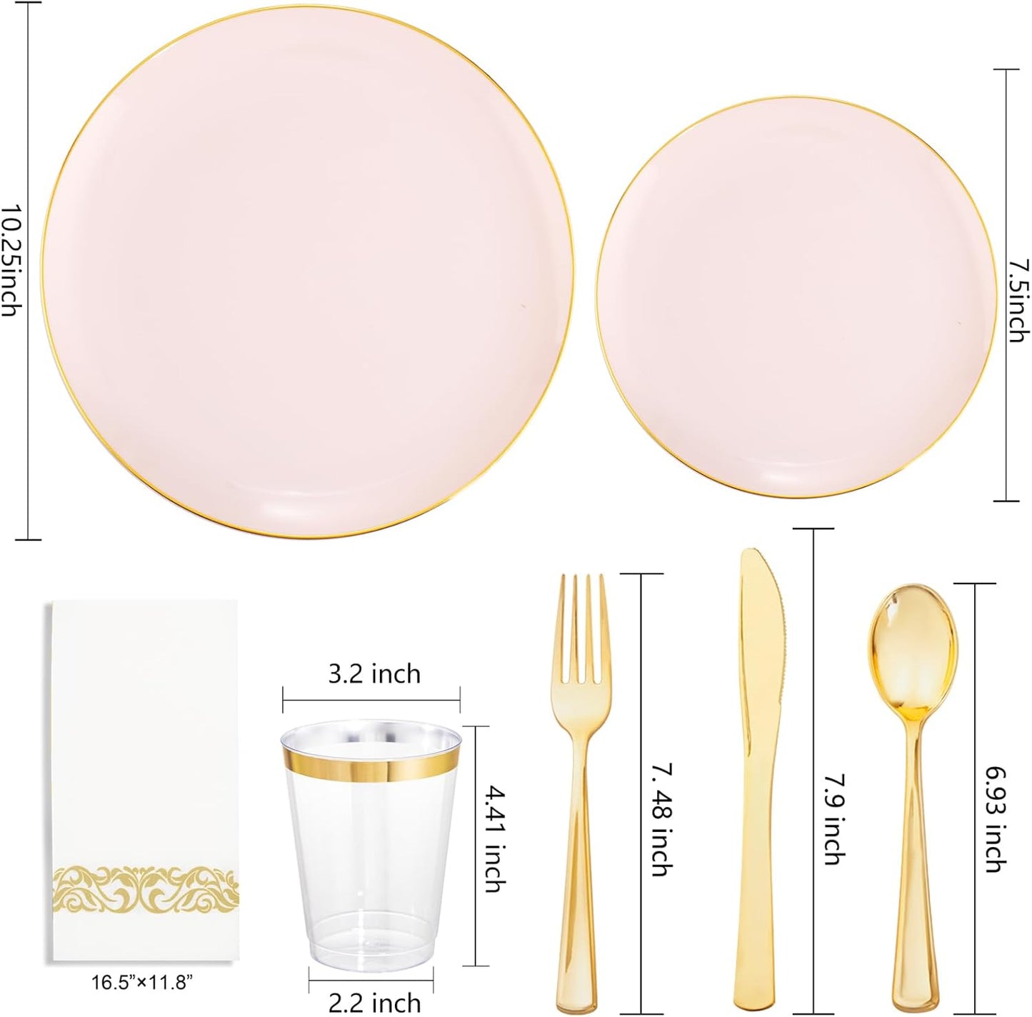 Supernal 350pcs Pink Plastic Plates,Plates Disposable Heavy Duty,Pink Disposable Plastic Dinnerware Set Include 50 Dinner Plate,50 Dessert Plate,50 Gold Cutlery,50 Cups&50 Napkins for Party&Wedding