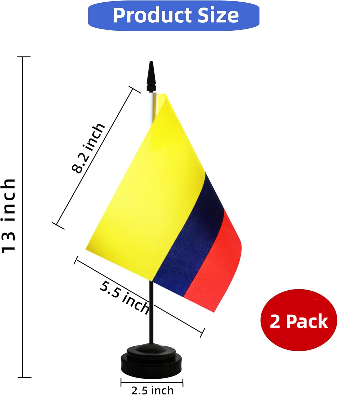 2 Pack Colombia Desk Flag, Colombian Table Office Flag with Solid Pole and Stand Base, International Country Flag, Festival Celebration, Classroom Meeting Desktop Decoration (Colombia)