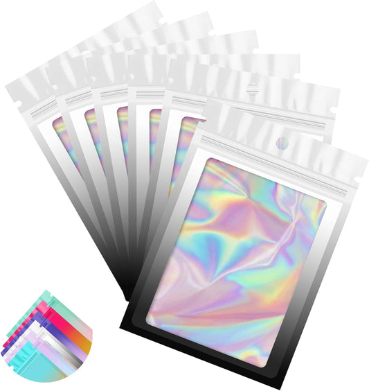 Funfery 100 Pack Gradient Holographic Bags,Resealable Bags with Zipper,Clear Window Packaging Pouchs,Foil Bag for Food Storage,Small Business,Sample Jewelry Bag(3.5×4.7In,White Black)