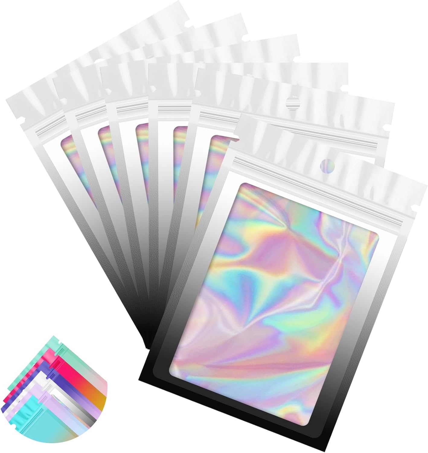 Funfery 100 Pack Gradient Holographic Bags,Resealable Bags with Zipper,Clear Window Packaging Pouchs,Foil Bag for Food Storage,Small Business,Sample Jewelry Bag(3.1×5.1In,White Black)