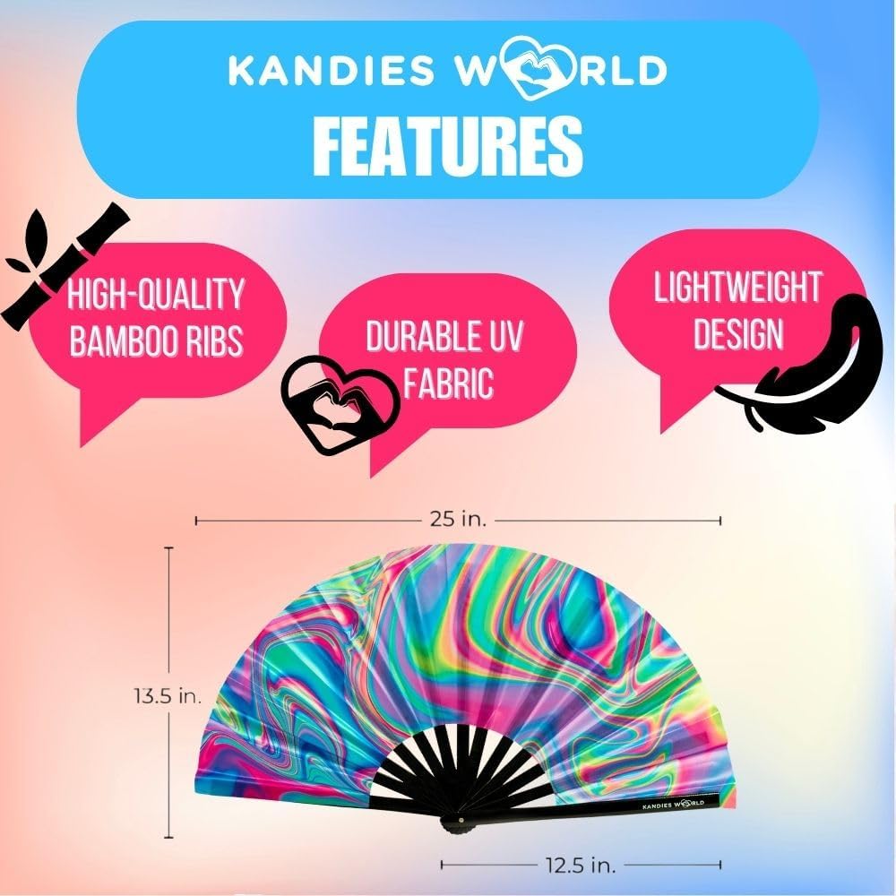 Kandies World UV Reactive Custom Festival Folding Hand Fan - Unique Designs, Made of Bamboo, Clacking Sound, Lightweight - Perfect Rave and Festival Accessory!