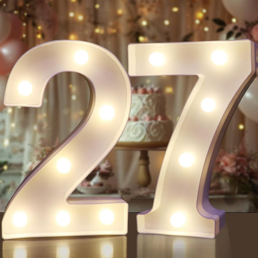 Pooqla Decorative LED Light Up Number Letters, White Plastic Marquee Number Lights Sign for Wedding Decor, Battery Operated (27)