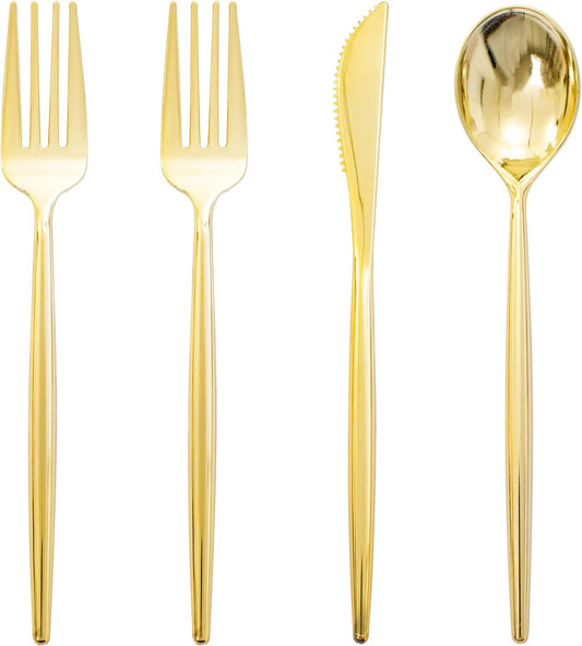 Rubtlamp 90Pcs Gold Plastic Silverware, Gold Disposable Utensils, Plastic Cutlery Include 30 Plastic Knives, 60 Forks and Spoons, Fancy Plastic Silverware Heavy Duty for Party, Wedding