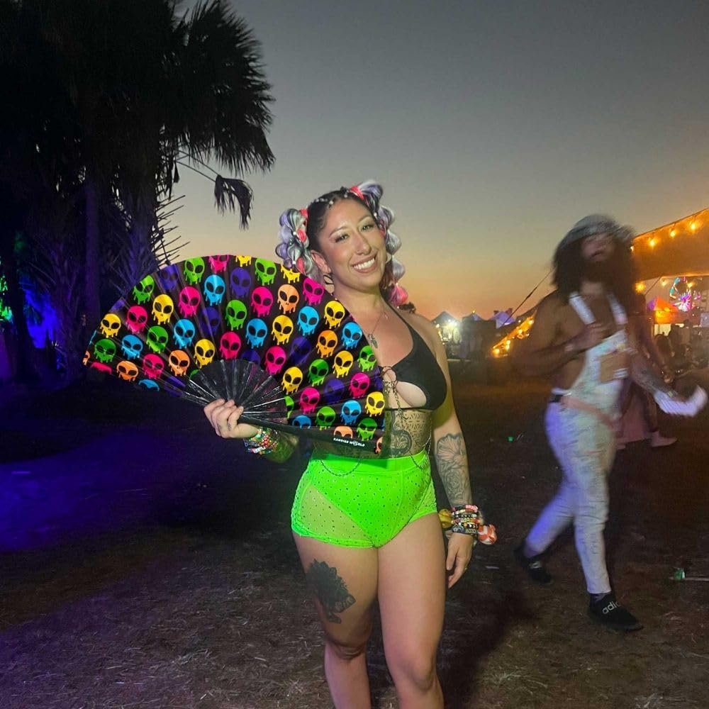 Kandies World UV Reactive Custom Festival Folding Hand Fan - Unique Designs, Made of Bamboo, Clacking Sound, Lightweight - Perfect Rave and Festival Accessory!