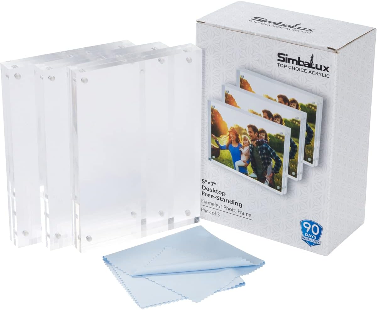 SimbaLux Magnetic Acrylic Picture Photo Frame 5x7 inches (3 Pack), Clear Glass Like, Double Sided Frameless Desktop Floating Display, Free Standing, Easy to Change