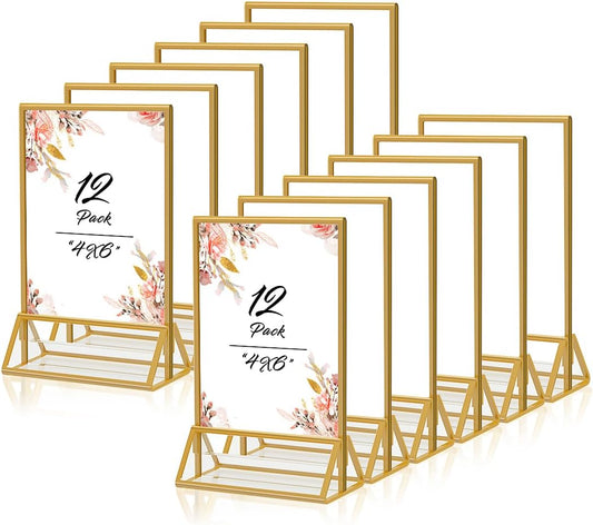 Gold Frames 4x6 Acrylic Sign Holder Double Sided Picture Frames for Wedding Table Number Menu Flyer Display for Office Home Party- Pack of 12