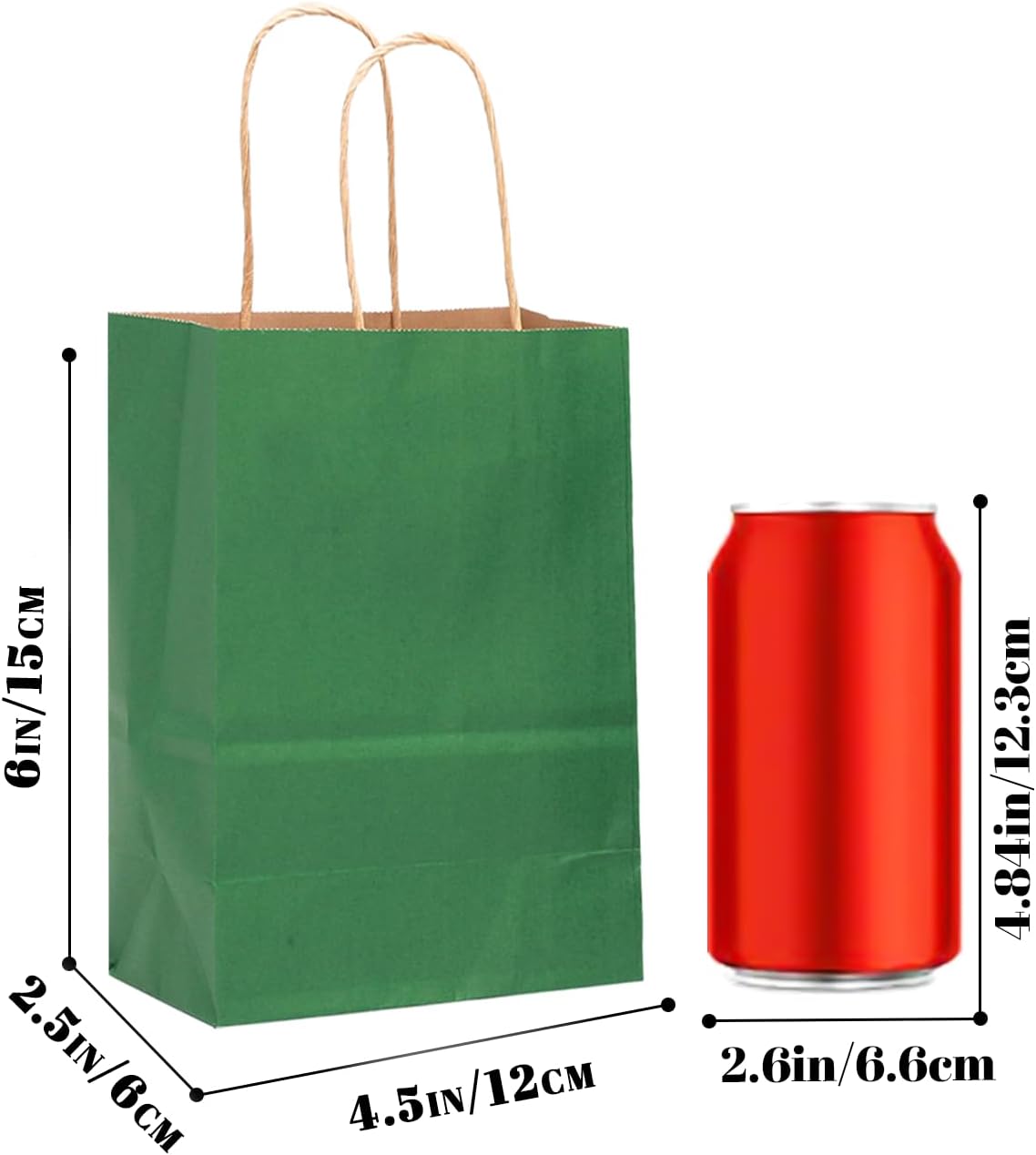 Bakepacker 100 Pcs Deep Green Mini Paper Gift Bags with Handles 6"x4.5"x2.5" Brown Kraft Party Favor Bags Multiple Uses (Mini size)