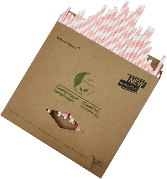 Pink and White Striped Paper Drinking Straws, Cute Pink Girls Shower Straw, Princess Straws, Pastel Stripes Straw for Party Suppliers - Pack of 100