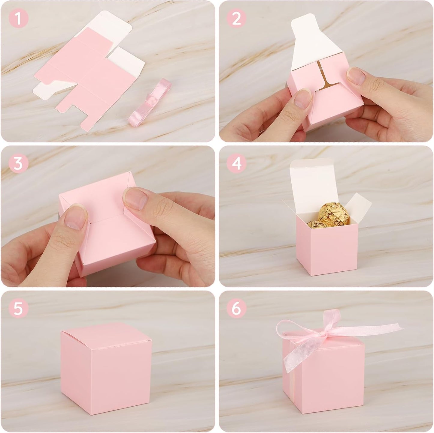 EUSOAR Candy Boxes Party Favors, 120pcs 2x2x2 Inches Pink Favor Boxes Candy Gift Box with Ribbon, Mini Bakery Cookies Box Square Paper Chocolate Containers for Wedding Anniversary Party Favor