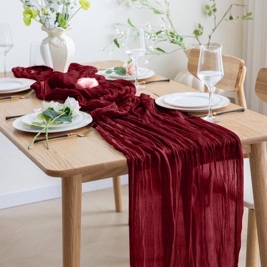 8 Pack 10Ft Table Runner 35x120 inch Burgundy Boho Gauze Table Cheese Cloth Long Wrinkled Sheer Table Runner for Wedding Bridal Shower Birthday Party Table Decor