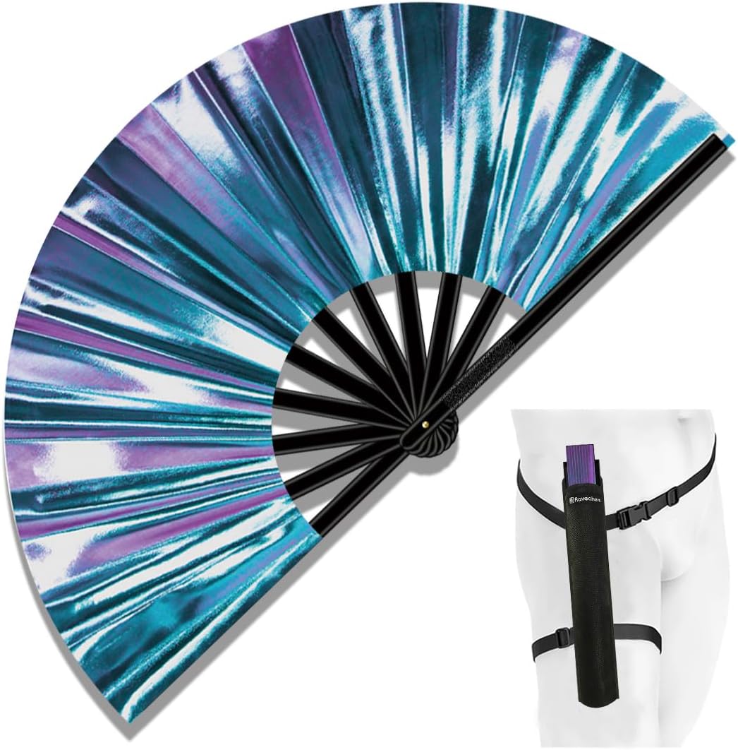 13" Large Folding Rave Fan with Holster, Clack Hand Fans Foldable for Line Dancing, Boots On The Ground Fan for Women Men Festival EDM Party Decoration, Holographic Blue