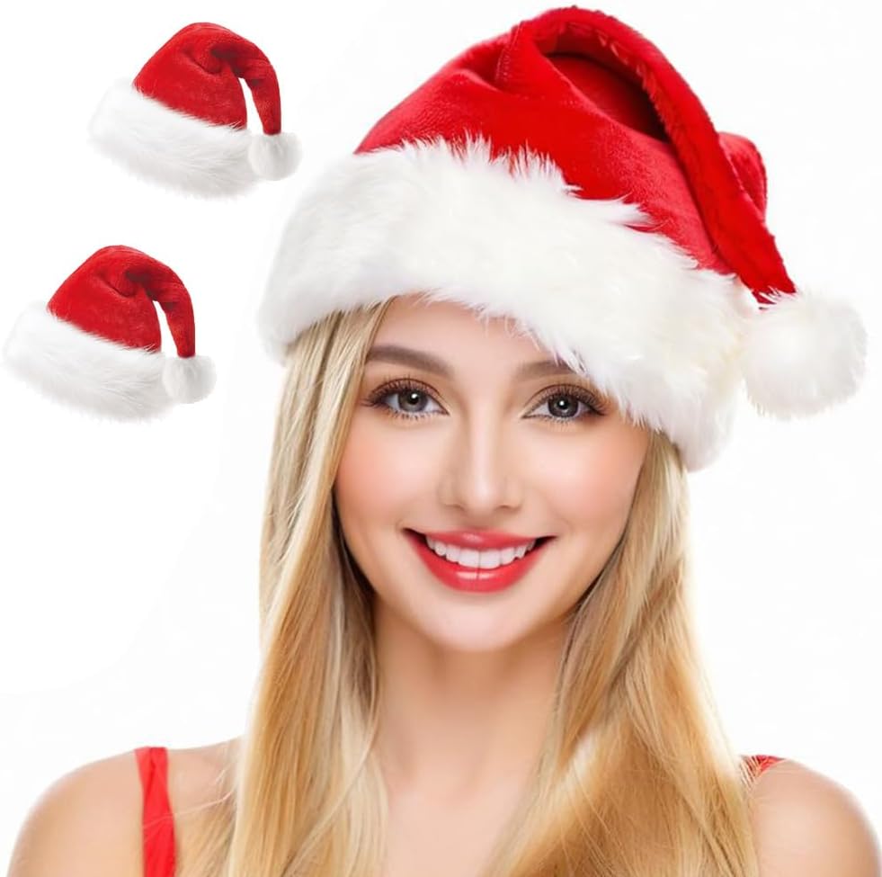 Santa Hat for Adults Christmas Hat Red Velvet Double-Layer Thickening Unisex Holiday Xmas Hats for New Year Festive Party