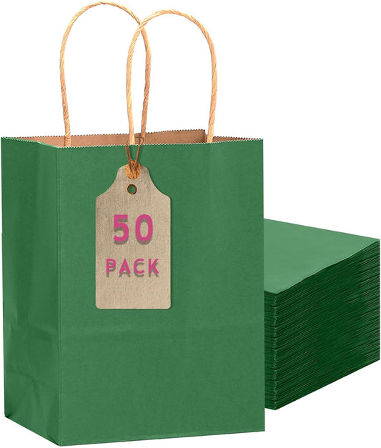 qiqee 50-Packs Kraft Deep Green Paper Gift Bags with Handles Bulk 11"x8.3"x4.3" Medium Size Paper Bags Multiple Uses