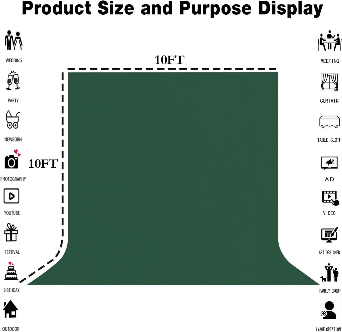 10x10FT Dark Green Screen Backdrop Photography Green Background for Streaming Zoom, Photo Studio, Collapsible High Density Screen for Video Photography and Television