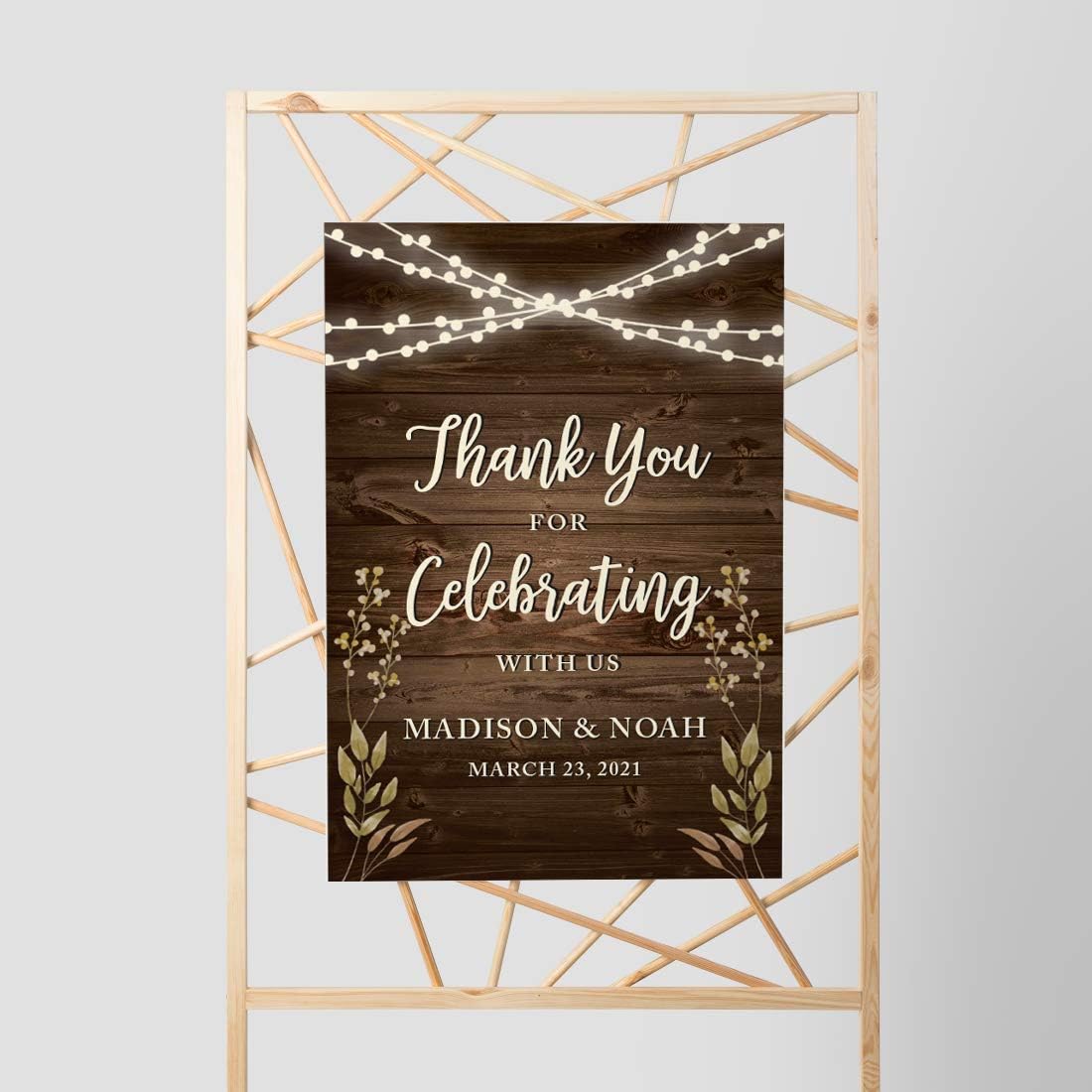 Andaz Press Personalized Extra Large Wedding Easel Party Sign, 12x18-inch, Rustic Wood with Hanging Ball Lights and Florals, Thank You for Celebrating With Us Bride Groom Name Date, 1-Pack, Custom