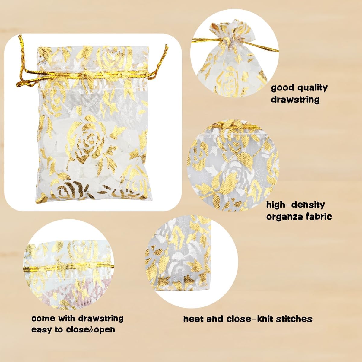 QIANHAILIZZ 100 Pack 2.8 x 3.5 Inch Flower Heart Organza Jewelry Gift Pouch Candy Pouch Drawstring Wedding Favor Bags B511S (white gold flower)