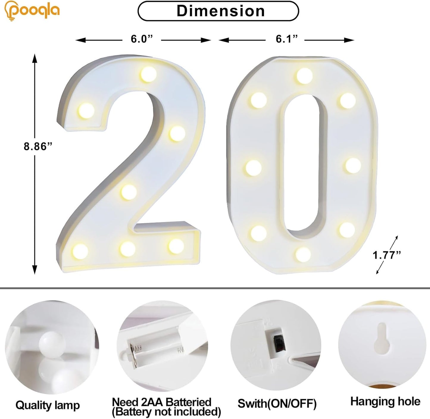 Pooqla 20th Birthday Decorations for Her Him, Light Up Number 20 for Party Table Decorations, 20th Birthday Gift for Women Men, Backdrop Wall Decor for 20th Wedding Anniversary Decoration