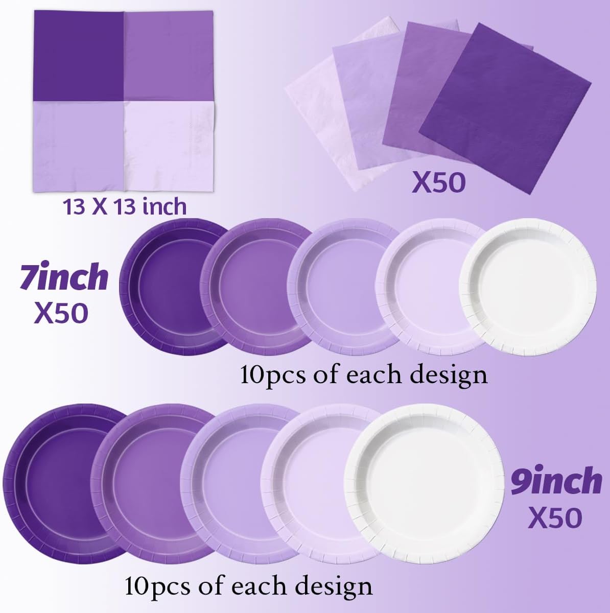 CMUSKO Lavender Party Supplies-150Pcs Purple Plates and Napkins Kit Serves 50,Gradient Light Purple Tableware for Birthday,Baby Shower,Wedding