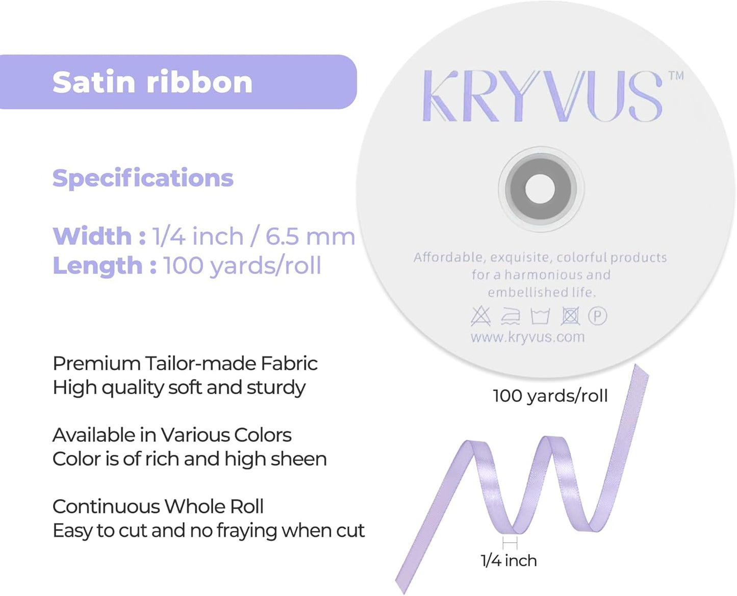 Lavender Satin Ribbon 1/4 inch X Continuous 100 Yards, Single Face Polyester Ribbon Perfect for Gift Wrapping, Flower Bouquet, Wedding Decor, Crafts, Bow Making, Sewing and More