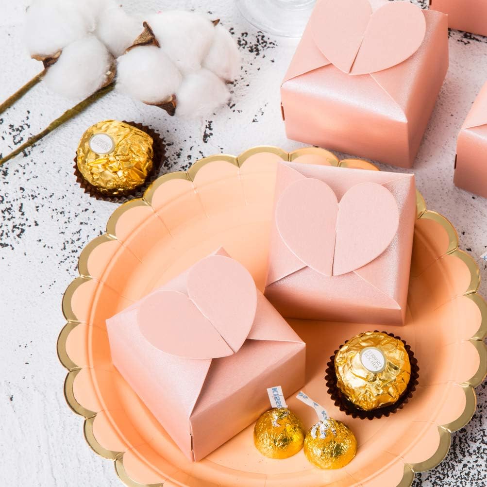 AWELL Pink Favor Box Bulk 2.5x2x2.5 inches with Heart Bow Party Favor Box,Pink,Pack of 50