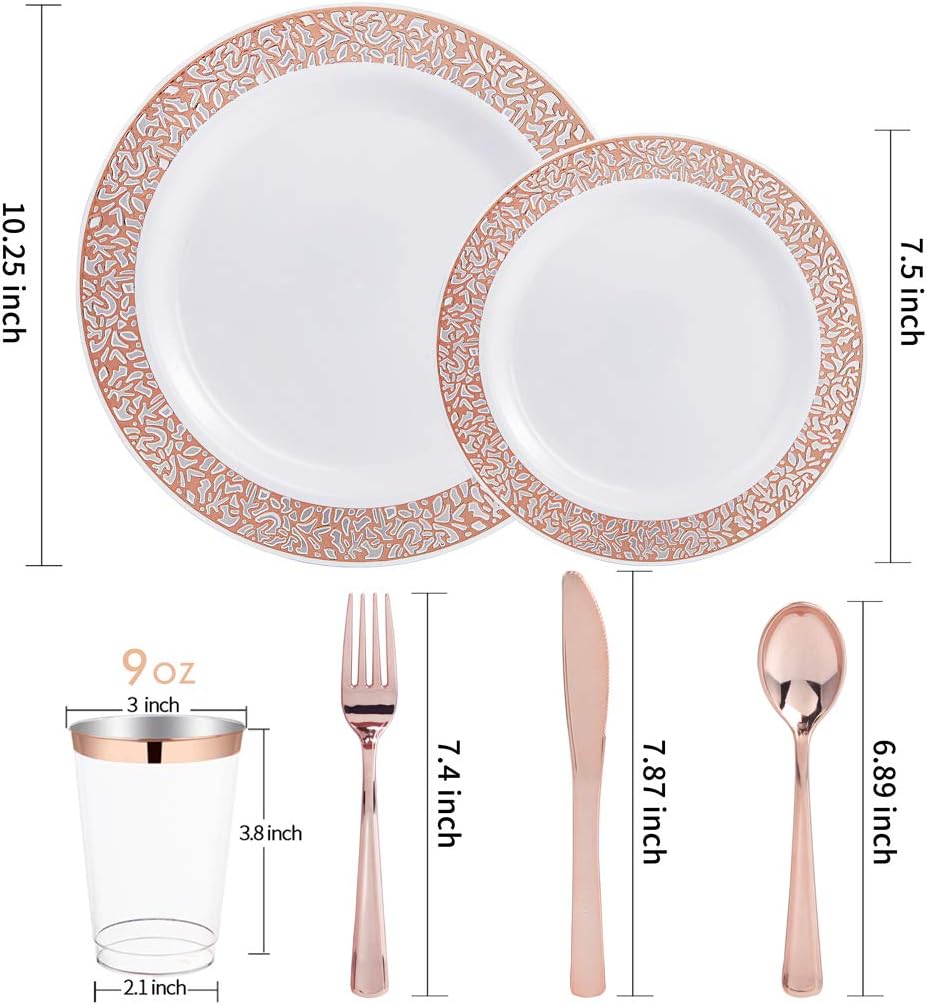 WELLIFE 175 Pieces Rose Gold Plastic Dinnerware,Rose Gold Dinnerware Set Include: 25 Dinner Plates 10.25", 25 Salad Plates 7.5", 25 Cups, 50 Forks, 25 Knives and 25 Spoons for Party