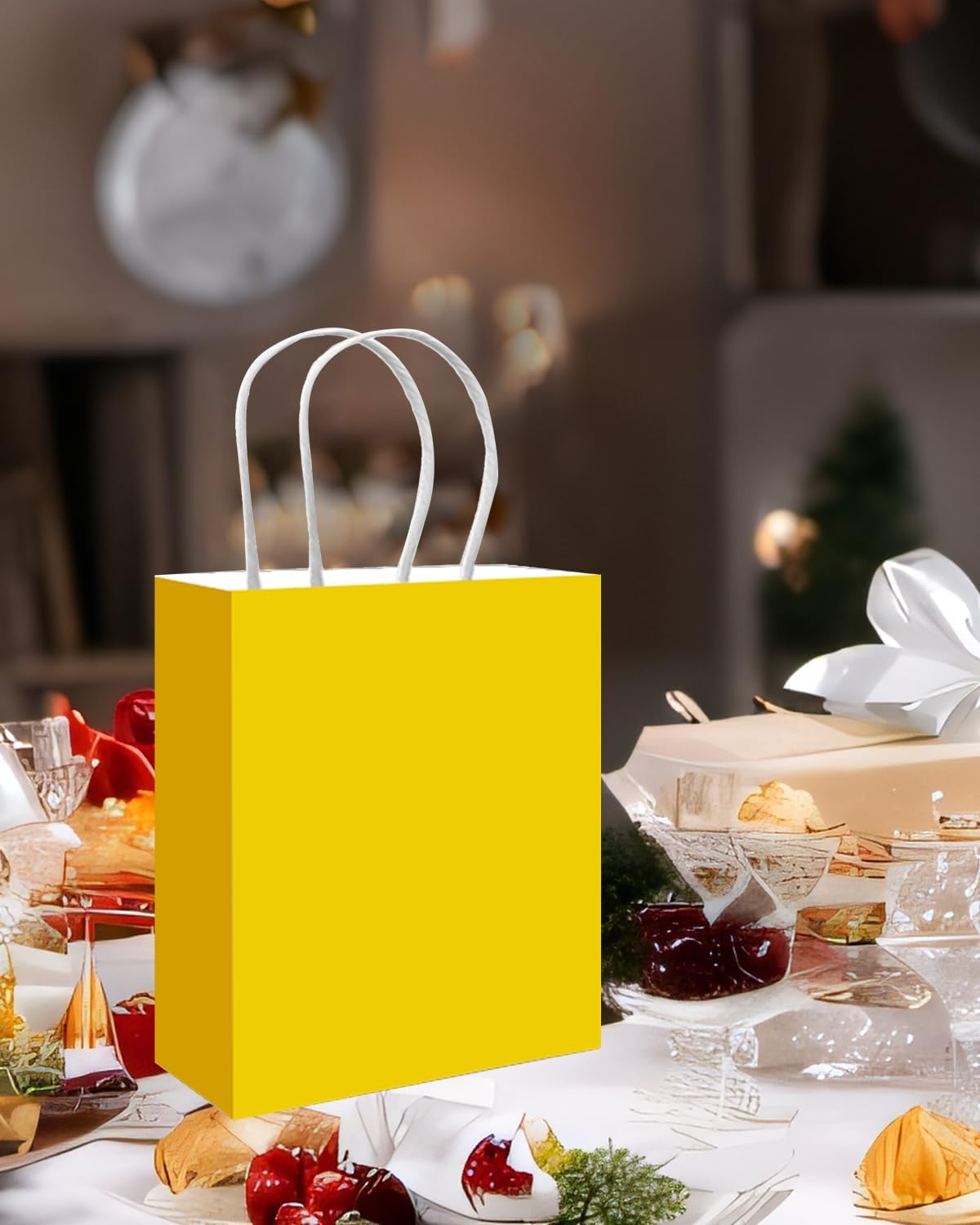 qiqee 50-Packs Gift Bag with Handles Bulk Bright Yellow Paper Bags Multiple Uses (8.3"x3"x6" Small Size)