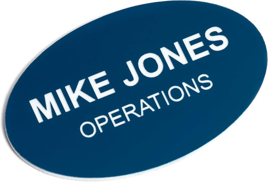 Custom Engraved Name Tag Badges – Personalized Identification with Pin or Magnetic Backing, 2.8 Inch Oval, Blue/White