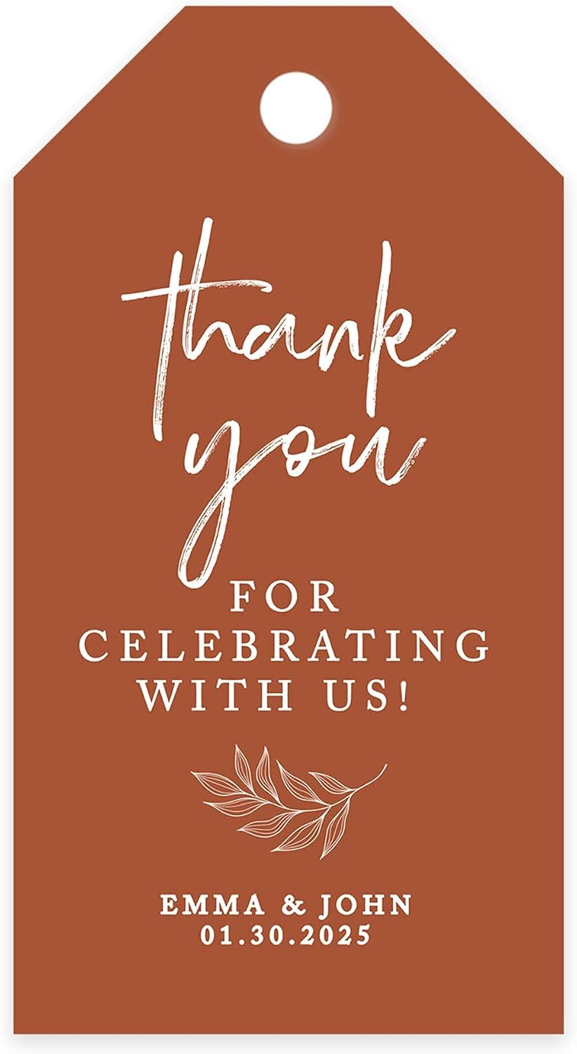 Andaz Press 100-Pack Personalized Thank You for Celebrating with Us Wedding Favor Tags with Bakers Twine Terracotta Line Design Custom Cardstock Wedding Gift Tags for Party Favors 2 x 3.75-Inches