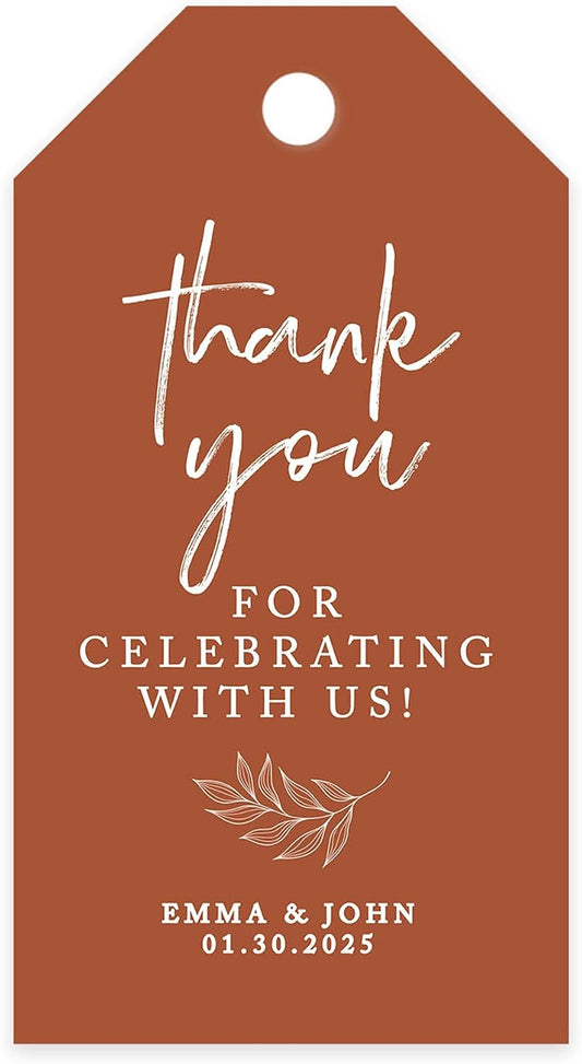 Andaz Press 100-Pack Personalized Thank You for Celebrating with Us Wedding Favor Tags with Bakers Twine Terracotta Line Design Custom Cardstock Wedding Gift Tags for Party Favors 2 x 3.75-Inches