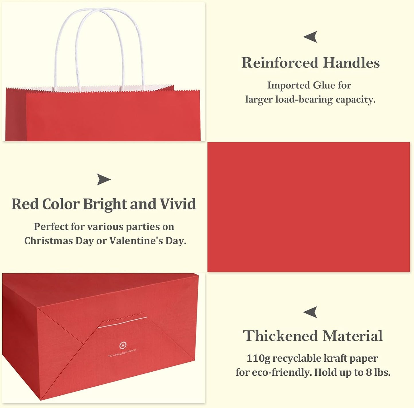 BagDream 8x4.25x10.5 Inch 100Pcs Red Gift Bags Medium Size, Kraft Paper Bags with Handles Bulk for Wedding, Party Favors, Business, Christmas, Grocery Paper Sacks