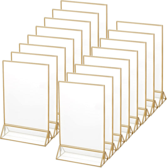 16 Pieces Gold Rimmed Clear Acrylic Table Sign Holders, Double Sided Frame with Gold Border and Vertical Stand for Wedding Table Number, Restaurant Sign, Photo Display, Menu Holder (5 x 7 Inch)
