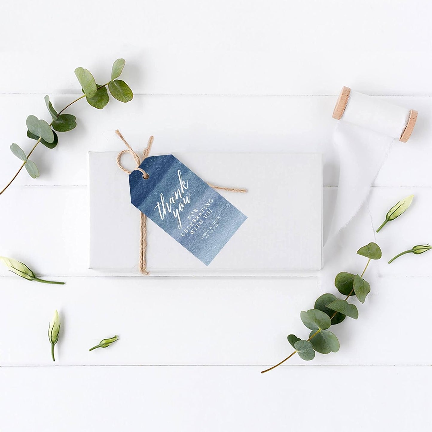 Andaz Press 100-Pack Personalized Thank You for Celebrating with Us Wedding Favor Tags with Bakers Twine Navy Blue Ombre Watercolor Custom Cardstock Wedding Gift Tags for Party Favors 2 x 3.75-Inches