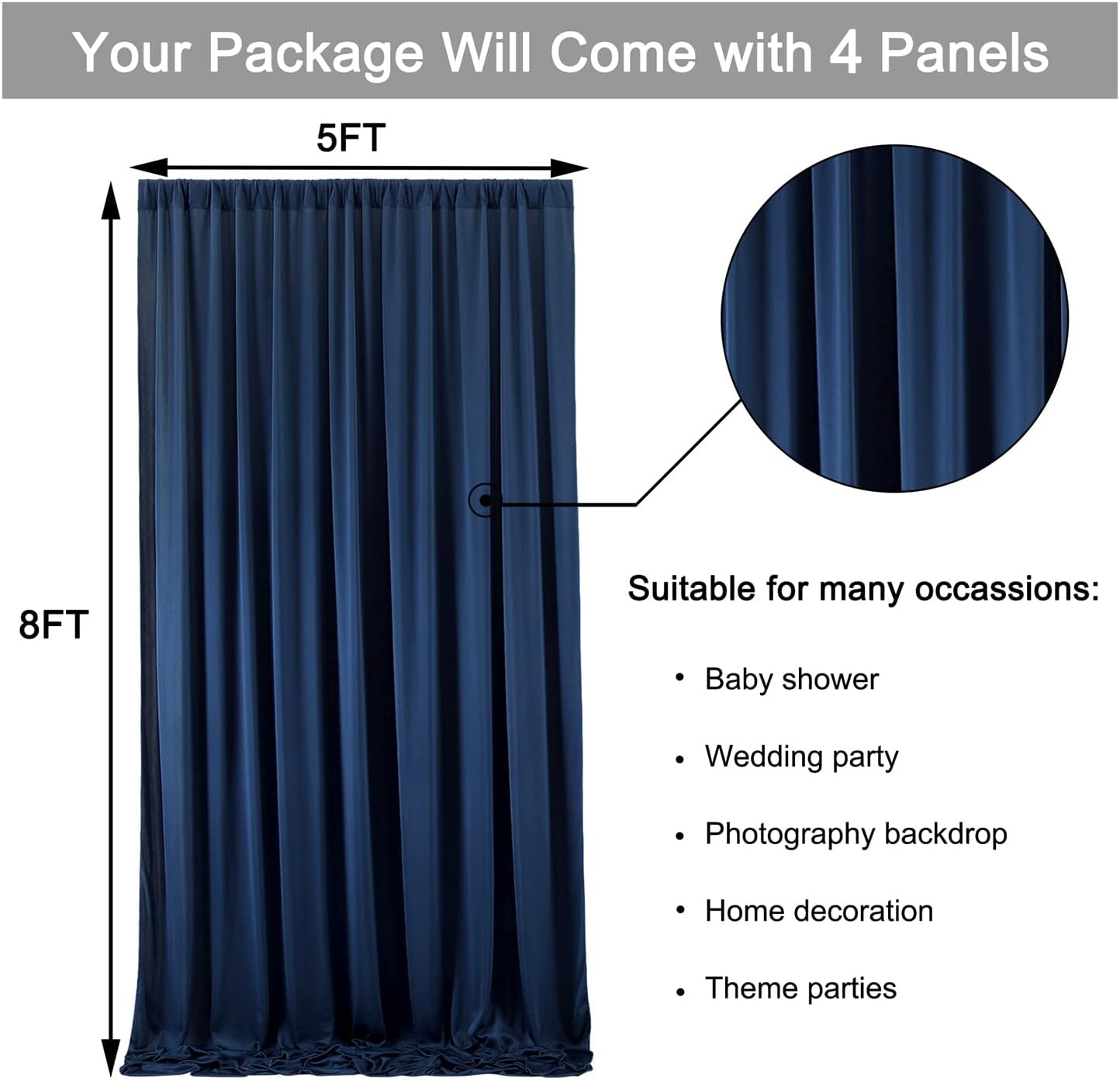 20 ft x 8 ft Navy Blue Backdrop Curtain Panels, 4 Panels 5 ft x 8 ft Wrinkle Free Polyester Photography Backdrop Drapes, Wedding Party Home Decoration Supplies