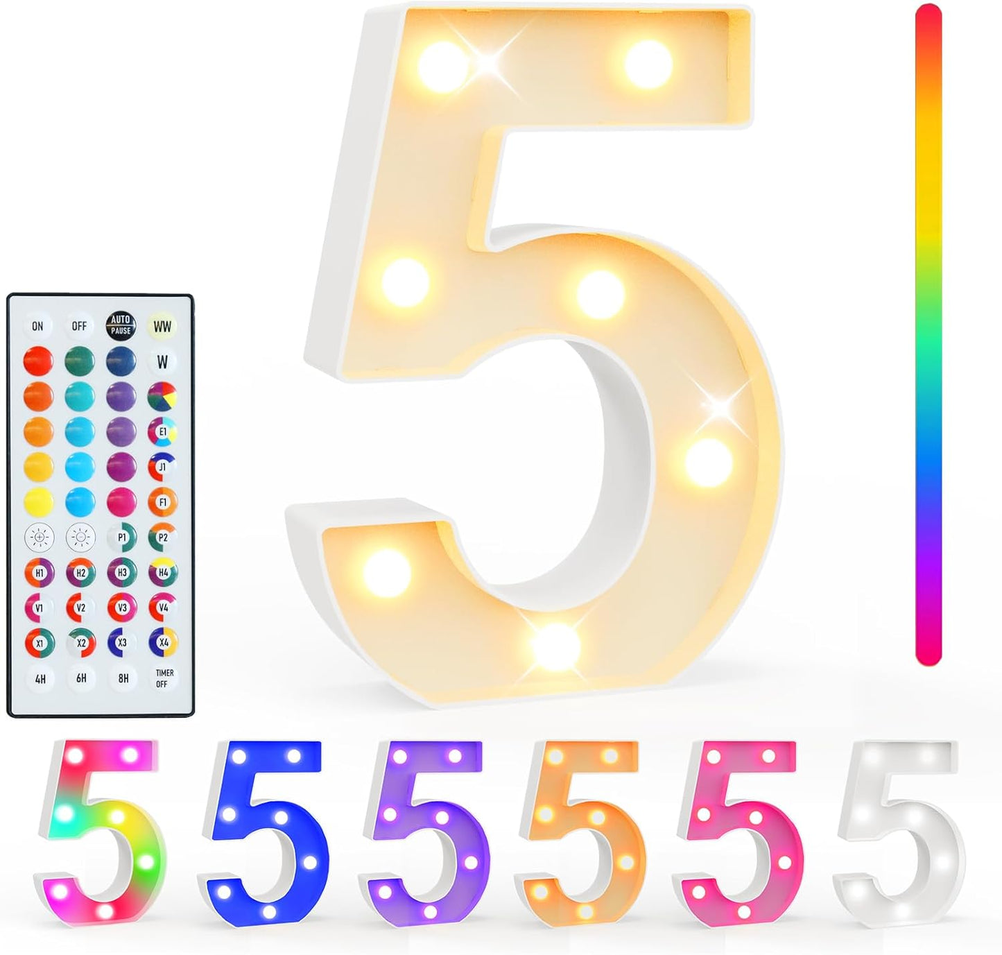 Pooqla Colorful Lighted Numbers with Remote, 35 Colors Light Up Numbers for Party, RGB LED Marquee Number Lights Gift for 5th Birthday Decorations, Wedding, Bar, Night Light, Home Decor, Number 5