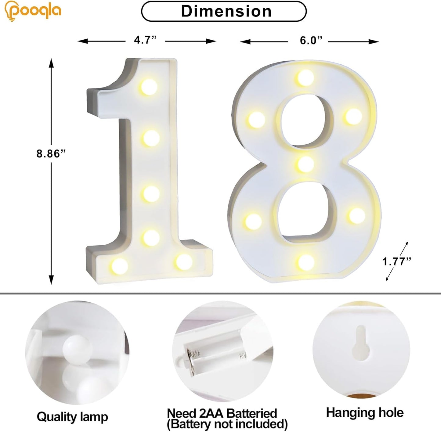 Pooqla 18th Birthday Decoration for Girls Boys, Decorative LED Light Up Numbers, Marquee Numbers 18 Sign for Party Backdrop 18th Wedding Anniversary Decor, Warm White and Cool White Number 18