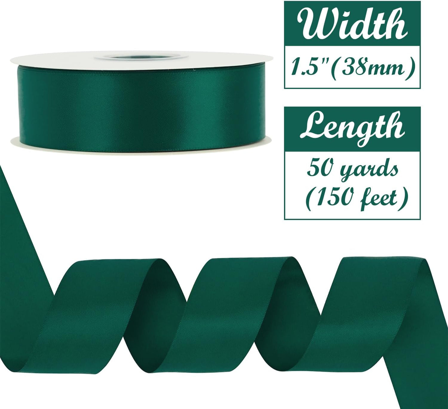HUIHUANG 1-1/2 inch Hunter Green Ribbon Double-Faced Satin Ribbon 50 Yards Dark Green Ribbon for Crafts, Gift Wrapping, Flower Bouquet Wrap, Invitations, Holiday Decor, Bows Making