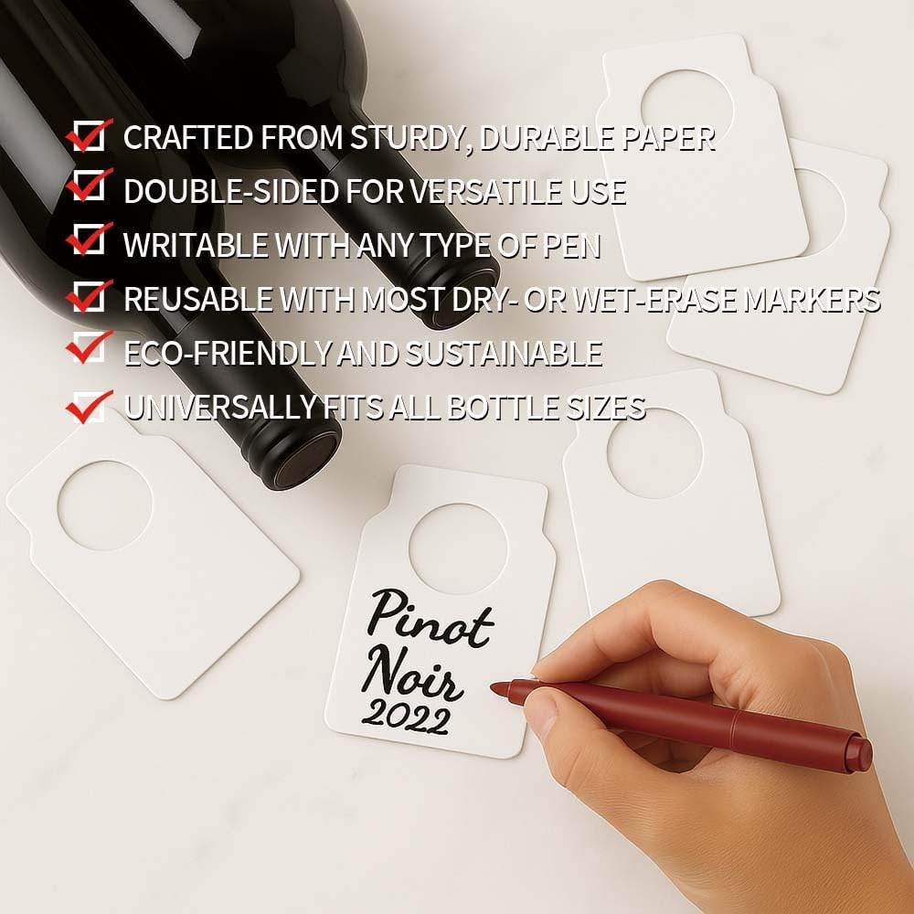 200 PCS Wine Bottle Tags –Paper Hanging Cellar Labels for Bottle Neck, Double-Sided Writable Gift Tags for Wine Racks, Champagne & Homebrew Organization (White)