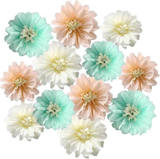 12pcs 10in/12in Tissue Flowers Pom Kit - Mint & Cream Peach - DIY Art Blooms - Wedding/Baby Shower Decorations