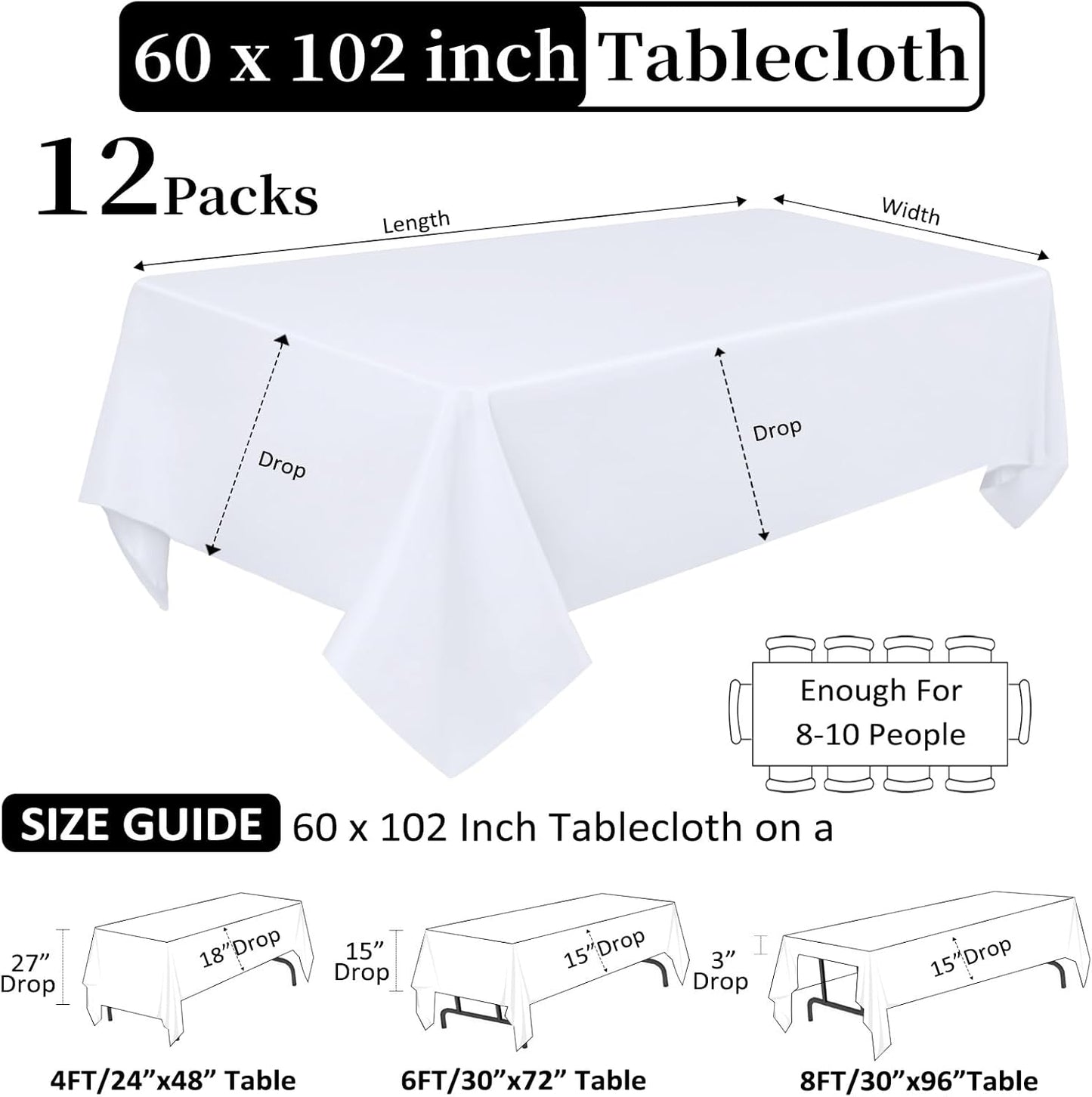 12 Pack White Table Cloth 60 x 102 Inch Rectangular Tablecloths for 6 Foot Rectangle Tables, Wrinkle Resistant White Tablecloth Washable Polyester Fabric Table Covers for Buffet Wedding Party Banquet