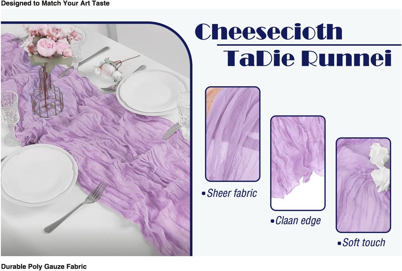 12 Pack Lavender 10 Ft Cheesecloth Table Runner 20x120 Inch Boho Wrinkled Sheer Romantic Gauze Decor for Wedding, Bridal Shower, Birthday Party