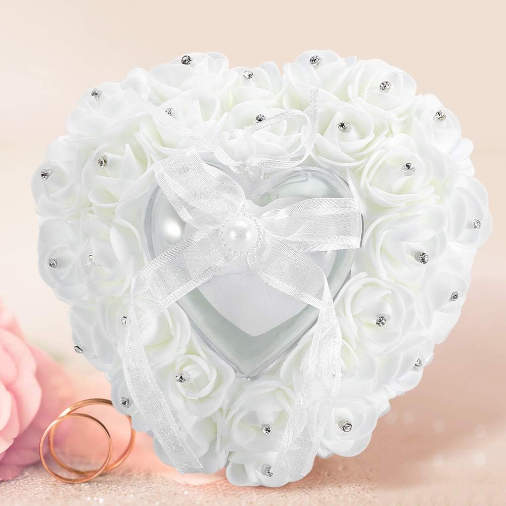 Hilitand Wedding Ring Cushion Pillow Romantic Heart Shaped Wedding Ring Box Rose Rhinestone Decorative Jewellery Boxes(White)