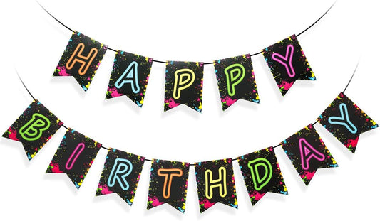 Glow Party Happy Birthday Banner Decoration（Already Assembled）, 80s Birthday Banner Let's Glow Party Decorations, Glow in the Dark Party Supplies, Neon Party Birthday Decorations