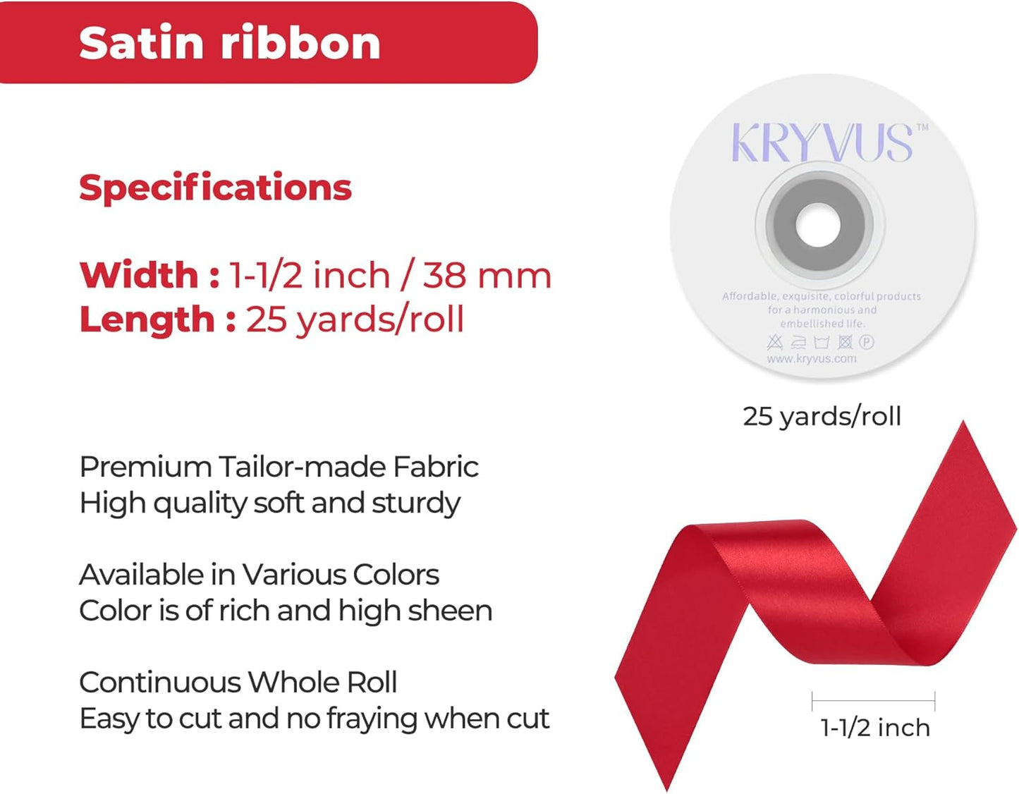 Red Satin Ribbon 1-1/2 inch X Continuous 25 Yards, Single Face Polyester Ribbon Perfect for Gift Wrapping, Flower Bouquet, Wedding Decor, Crafts, Bow Making, Sewing and More