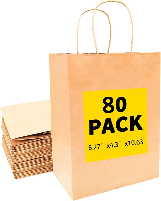 BAG BOX 80Pack Brown Paper Bags, Kraft Paper Shopping Bag with Handles Bulk for Birthday Party Favors Grocery Retail Shopping Business Goody Craft Bags Cub (Brown 80 Count)